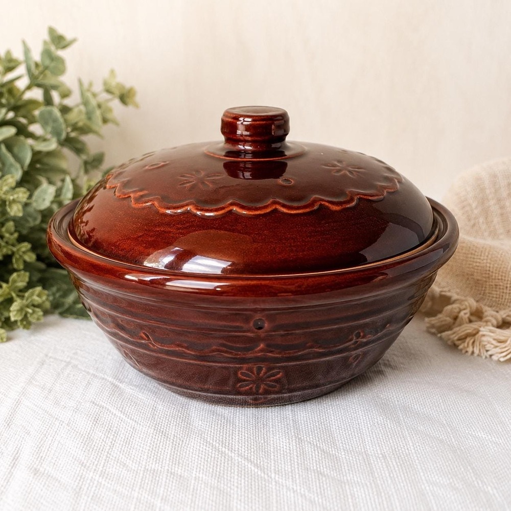 VTG Marcrest Daisy Dot Brown Stoneware Covered Casserole Dish USA farmhouse